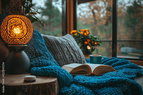 Photo d'un coin lecture cosy avec plaid, livre ouvert et source de lumière, ambiance cocooning hivernale et chaleureuse photo