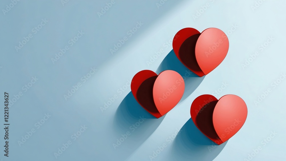 Three-Dimensional Red Hearts on Light Blue Background with Shadow Effect, Generative AI. Three-Dimensional Red Hearts on Light Blue Background with Shadow Effect, Generative AI.