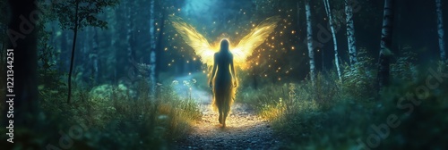 Ethereal figure with glowing wings walking through enchanted forest, surrounded by magical light and sparkles, evoking a sense of wonder and fantasy photo