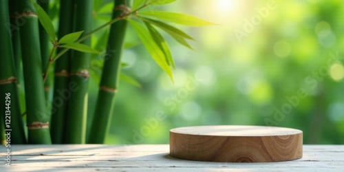 Serene Wooden Display Platform Beside Lush Bamboo Grove in Sunlight