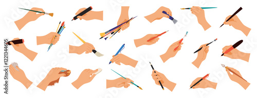 Hand holding pen. Writing with pencil. Carrying paintbrush bunch. Office stationery. Felt-tip market and highlighter for drawing. Writer palm. Artist hobby. Human limb. Vector arms set