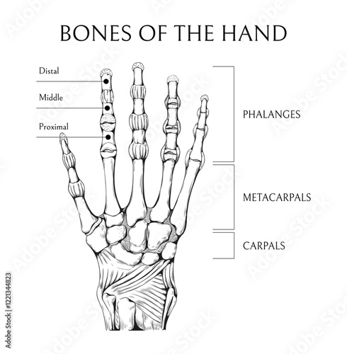 Hand drawn bones. Human arm sketch. Medical educational banner. Skeleton engraving diagram. Medicine science encyclopedia. Wrist skeletal structure. Inscription text. Vector anatomy poster