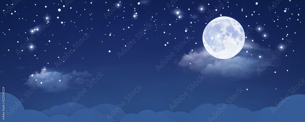 Fototapeta premium Night sky with stars and a full moon illuminating clouds in a serene blue backdrop