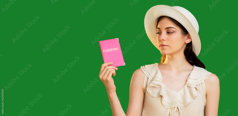 Upset tourist woman in summer hat holding pink passport international id document isolated on green copy space background. Upset tourist woman in summer hat holding pink passport international id document isolated on green copy space background.
