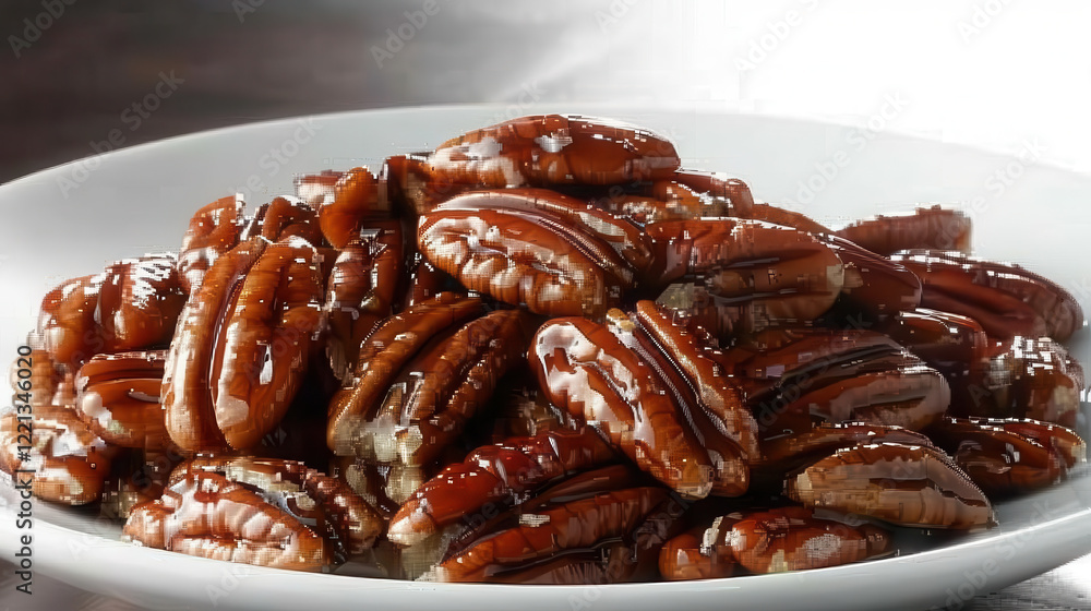 Homemade candied pecans with cinnamon in white bowl, showcasing delicious and sweet treat perfect for snacking or as dessert topping Homemade candied pecans with cinnamon in white bowl, showcasing delicious and sweet treat perfect for snacking or as dessert topping