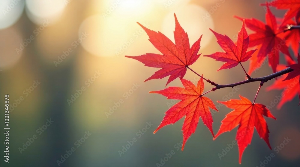 Fototapeta premium Autumnal foliage, illuminated by the warm glow of the setting sun, showcases vibrant red maple leaves on a slender branch, creating a serene and picturesque scene.