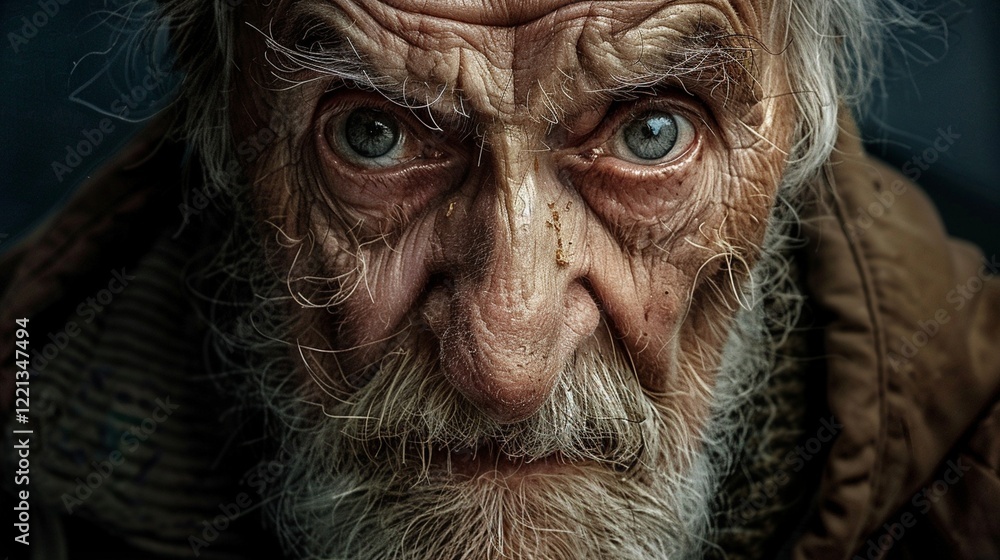 A close-up of an elderly man with expressive, weathered features. A close-up of an elderly man with expressive, weathered features.