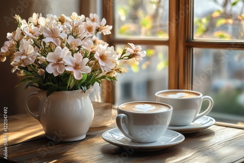 Wallpaper Mural Two coffee cups sit on a table beside a vase filled with beautiful flowers, perfect for a romantic Valentine's Day setting. Torontodigital.ca