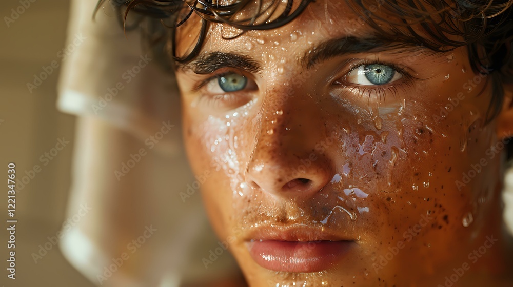 Dramatic close-up portrait of a young male model with intense blue eyes, wet face and dark curly hair in warm golden sunlight, perfect for beauty and skincare advertising. Dramatic close-up portrait of a young male model with intense blue eyes, wet face and dark curly hair in warm golden sunlight, perfect for beauty and skincare advertising.