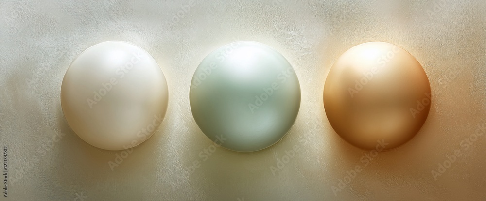Three glossy eggs in white, mint, and gold tones on a beige background. Three glossy eggs in white, mint, and gold tones on a beige background.