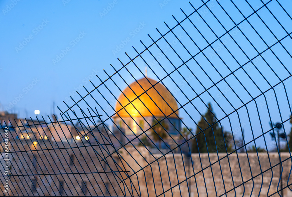 Islamic shrine Dome of Rock in the Old City seen through the fence. Symbol of Palestinian resistance and conflict.