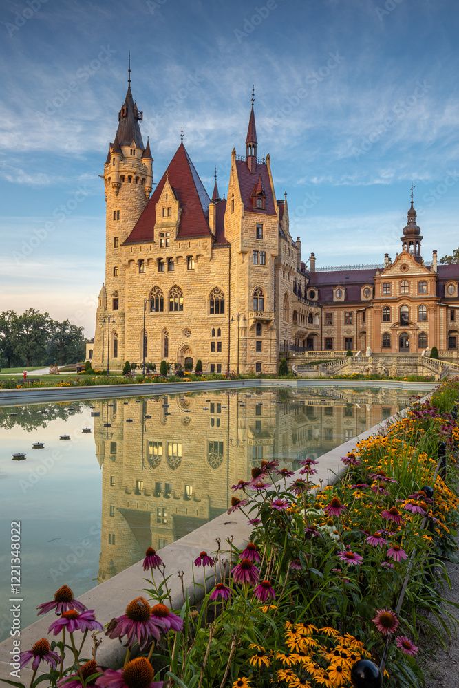 Majestic Moszna Castle on a warm summer morning, surrounded by lush greenery and glowing in soft golden sunlight, reflecting a fairytale-like ambiance perfect for travel and architecture themes.