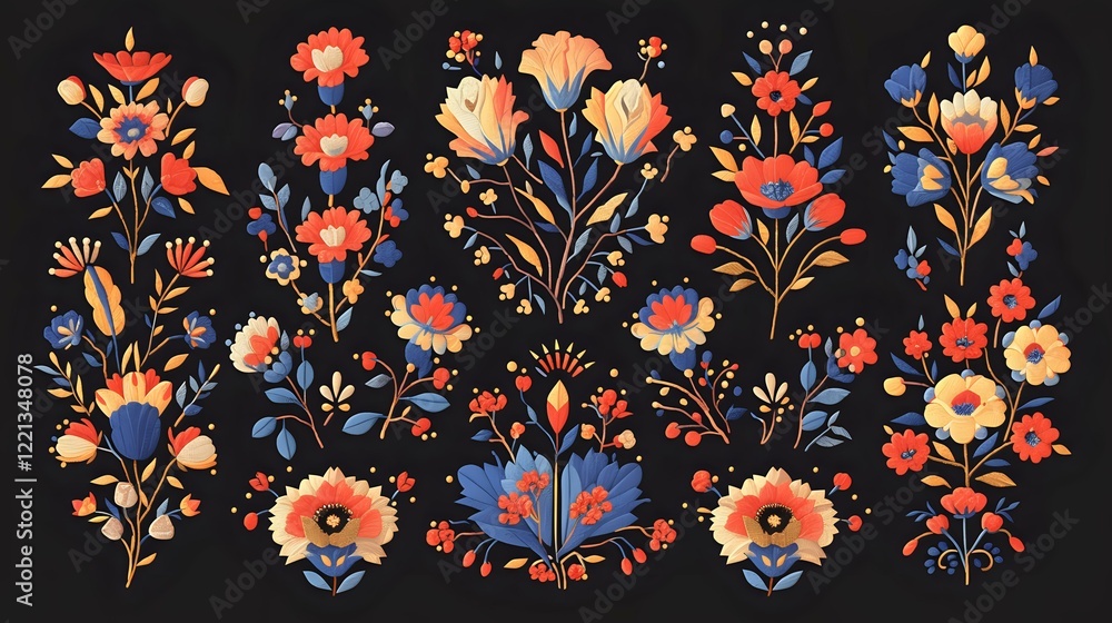 Fototapeta premium Decorative floral folk art pattern with red, blue and peach flowers on black background, perfect for textile design, stationery and surface patterns.