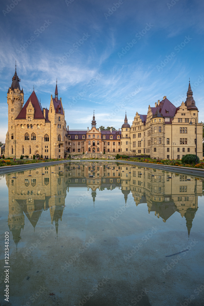 Majestic Moszna Castle on a warm summer morning, surrounded by lush greenery and glowing in soft golden sunlight, reflecting a fairytale-like ambiance perfect for travel and architecture themes.
