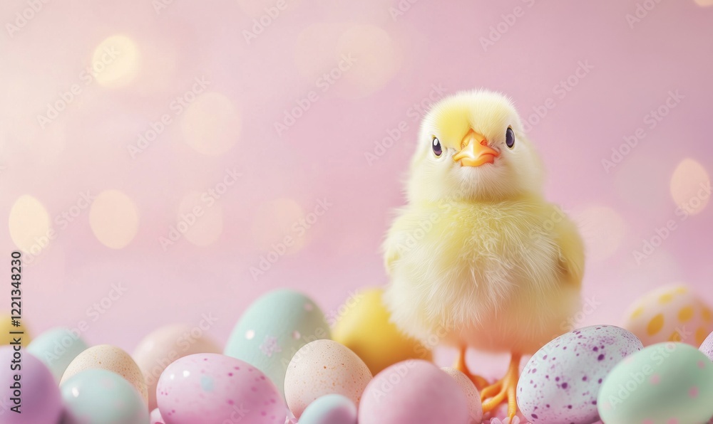Cute yellow chick surrounded by colorful Easter eggs on soft pink background, perfect for spring celebrations and festive decorations Cute yellow chick surrounded by colorful Easter eggs on soft pink background, perfect for spring celebrations and festive decorations