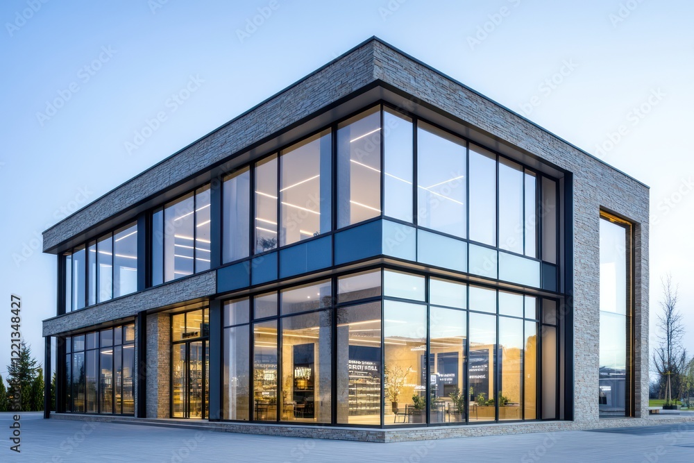 A modern retail building with clean glass facades, large windows, and minimalist stone finishes A modern retail building with clean glass facades, large windows, and minimalist stone finishes