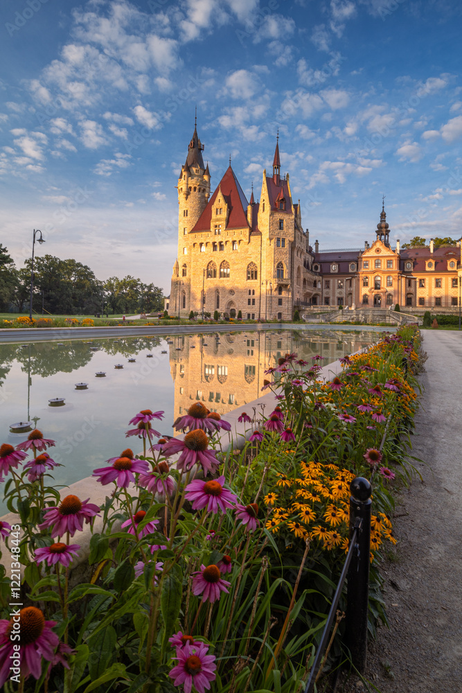 Majestic Moszna Castle on a warm summer morning, surrounded by lush greenery and glowing in soft golden sunlight, reflecting a fairytale-like ambiance perfect for travel and architecture themes.