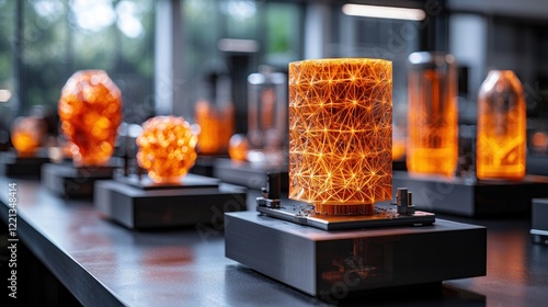 Illuminated Geometric Glass Sculptures on Display