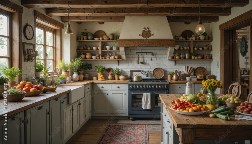 rustic farmhouse kitchen with fresh produce on display rustic farmhouse kitchen with fresh produce on display