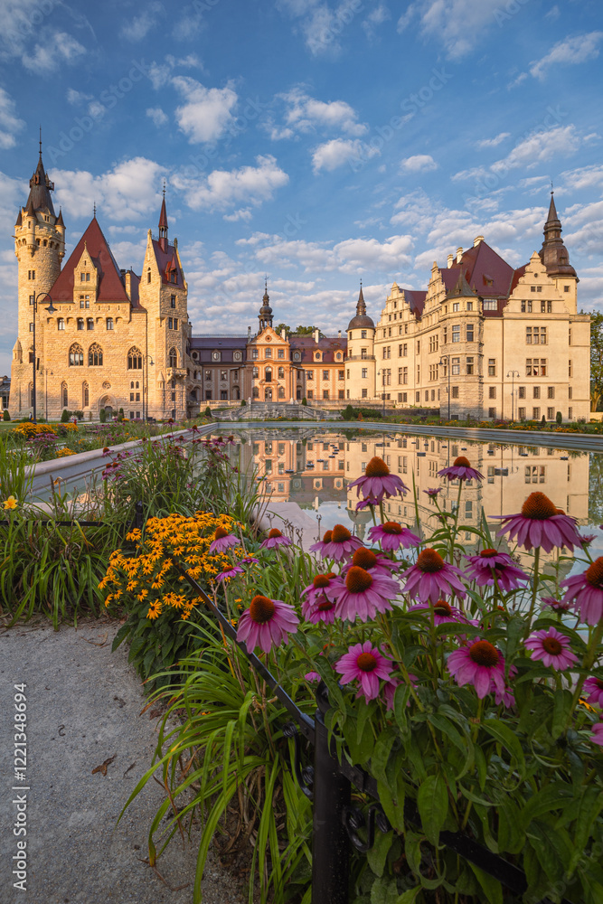 Majestic Moszna Castle on a warm summer morning, surrounded by lush greenery and glowing in soft golden sunlight, reflecting a fairytale-like ambiance perfect for travel and architecture themes.