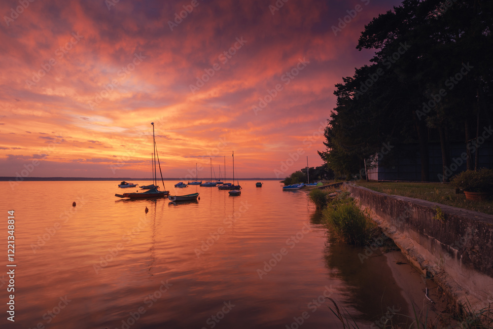Spectacular surise in Turawskie lake in Opolskie in summer.