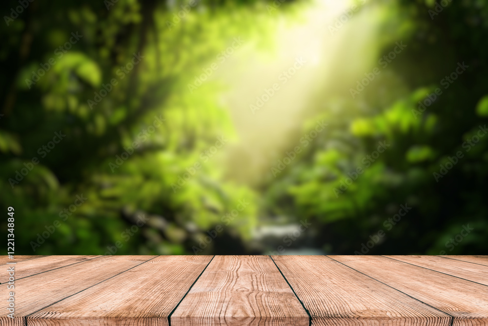 The empty wooden table top with blur background of Amazon rainforest. Exuberant image. The empty wooden table top with blur background of Amazon rainforest. Exuberant image.