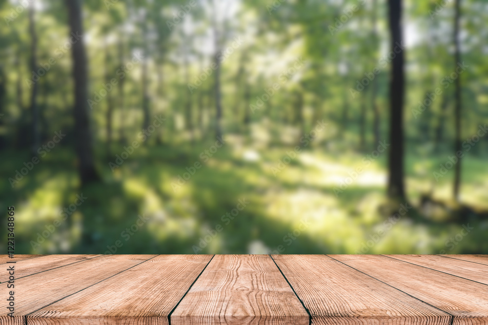 Wooden floor table perspective and green forest with ray of light. Wooden floor table perspective and green forest with ray of light.