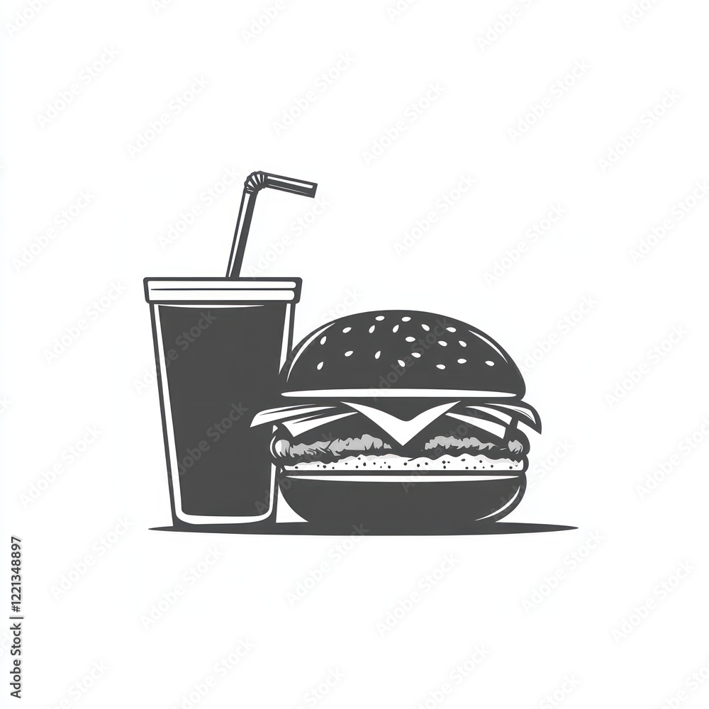 Simple black and white burger and soda Simple black and white burger and soda