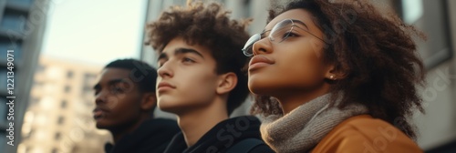 Diverse group of young adults contemplating future, urban setting, modern architecture, thoughtful expressions, stylish clothing, natural light