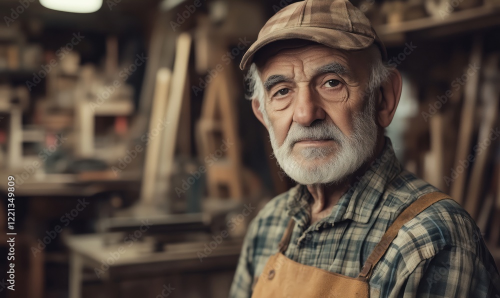 Experienced elderly carpenter with gray beard and plaid shirt in workshop surrounded by woodworking tools and materials Experienced elderly carpenter with gray beard and plaid shirt in workshop surrounded by woodworking tools and materials
