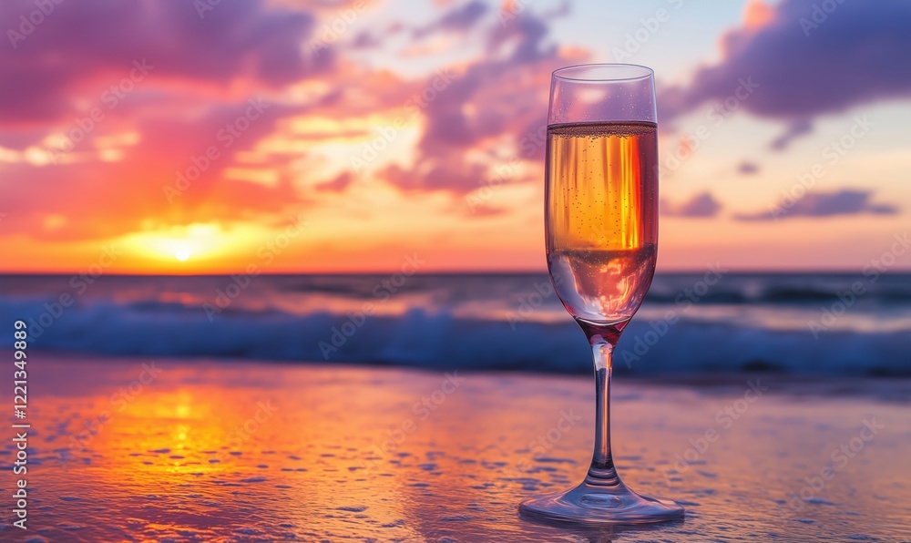 Champagne glass at sunset on beach with vibrant colors and ocean waves Champagne glass at sunset on beach with vibrant colors and ocean waves