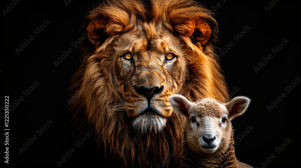 Majestic lion and gentle lamb stand together, symbolizing harmony and strength. Their contrasting features create powerful image of unity in nature Majestic lion and gentle lamb stand together, symbolizing harmony and strength. Their contrasting features create powerful image of unity in nature