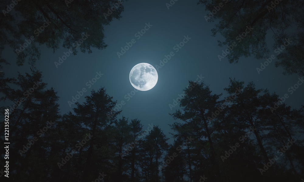 Bright full moon illuminating tall trees in a tranquil forest at night Bright full moon illuminating tall trees in a tranquil forest at night