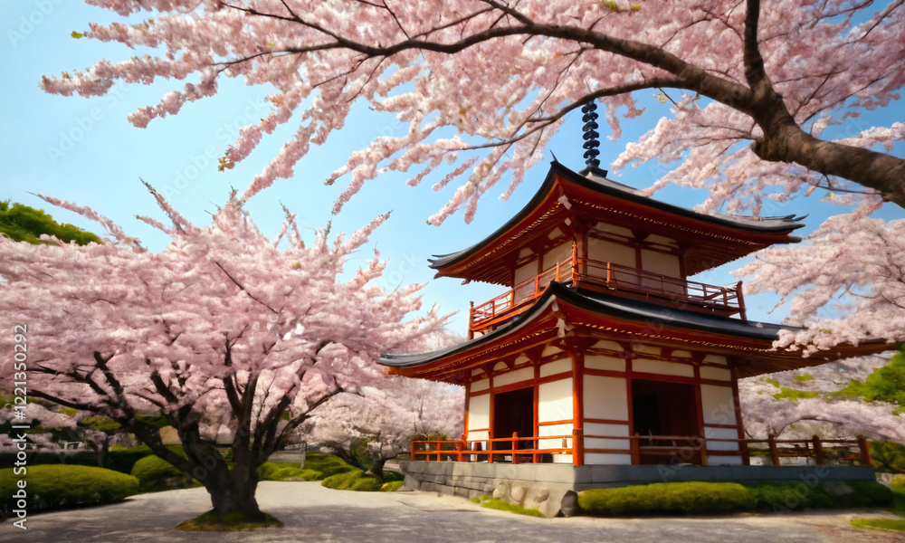 Cherry blossoms bloom near a traditional Japanese pagoda in a serene garden setting during spring Cherry blossoms bloom near a traditional Japanese pagoda in a serene garden setting during spring