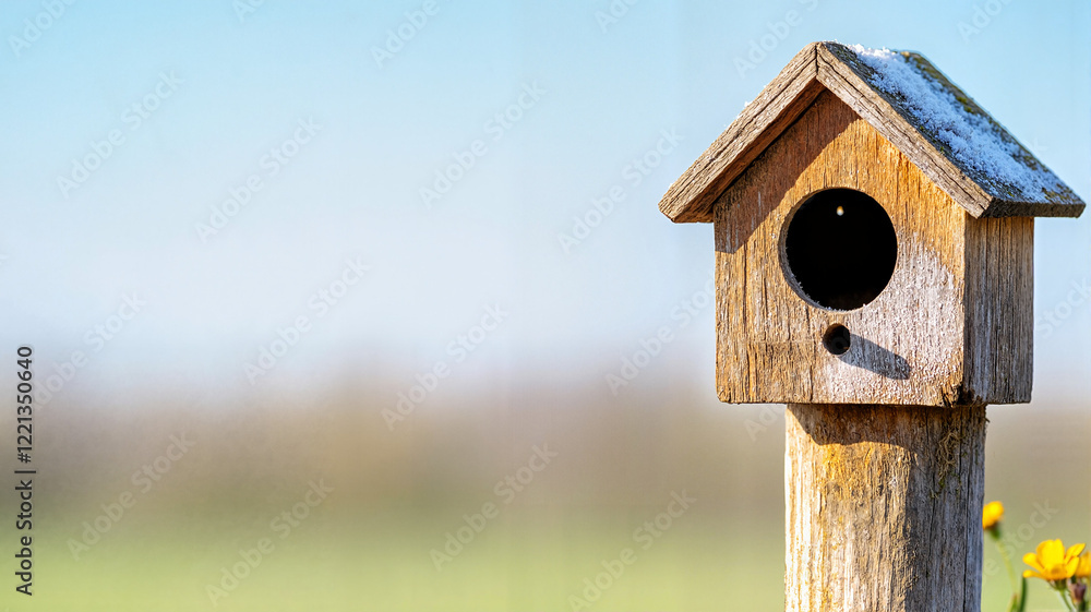 Wooden birdhouse against blue sky background Wooden birdhouse against blue sky background