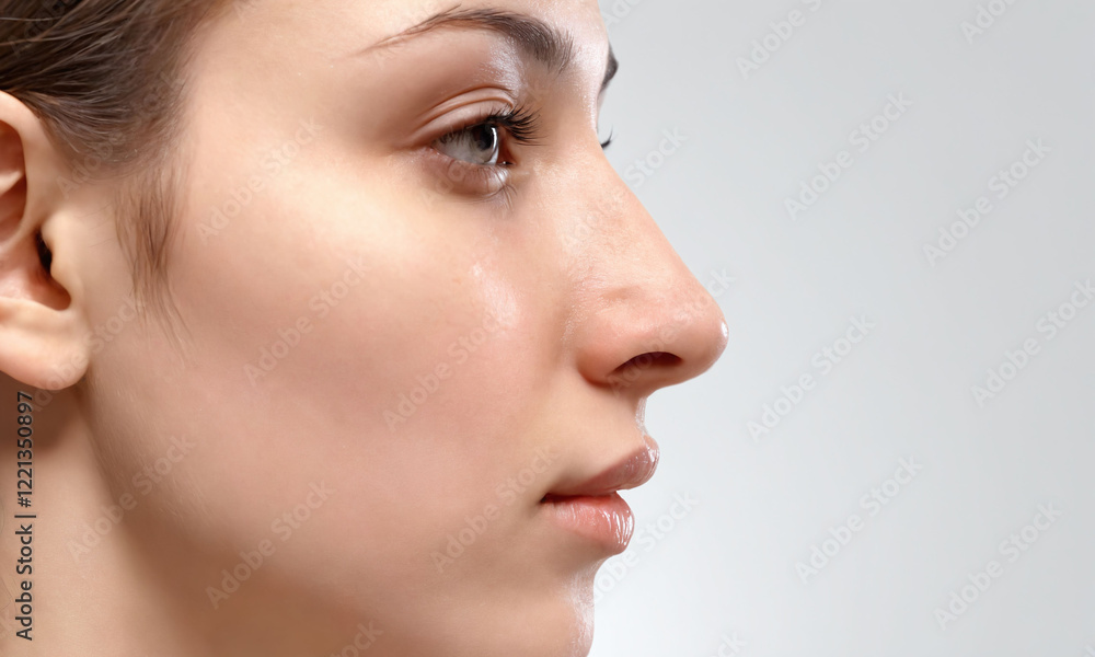 Profile view of a young woman with a smooth complexion against a neutral background Profile view of a young woman with a smooth complexion against a neutral background
