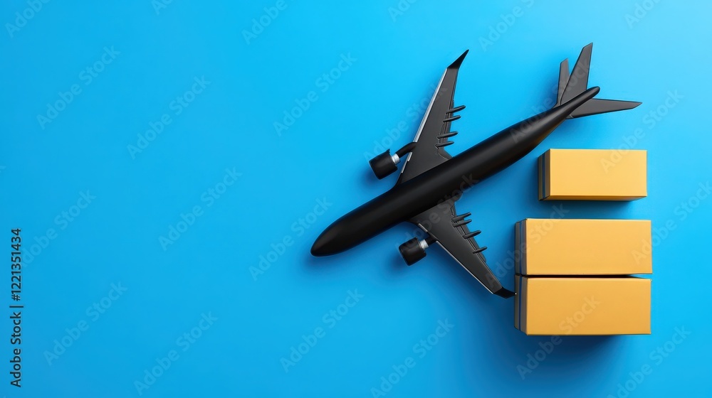 Global Shipping Concept: A miniature airplane takes flight above a stack of cardboard boxes, symbolizing fast and efficient global delivery on a vibrant blue background. Global Shipping Concept: A miniature airplane takes flight above a stack of cardboard boxes, symbolizing fast and efficient global delivery on a vibrant blue background.