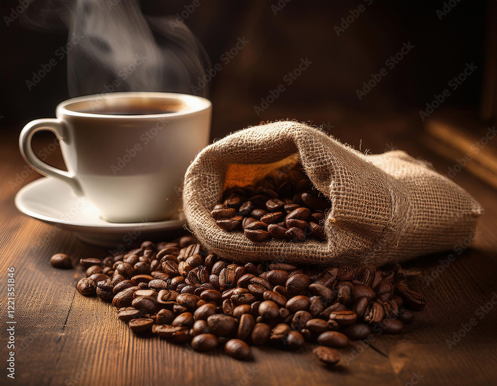 A steaming cup of coffee sits beside a burlap sack spilling fresh roasted coffee beans on a rustic wooden table in warm lighting. A steaming cup of coffee sits beside a burlap sack spilling fresh roasted coffee beans on a rustic wooden table in warm lighting.