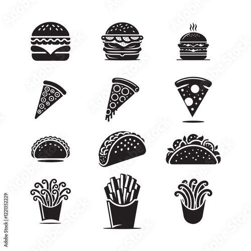Black and White Fast Food Icons Set vector art Illustration