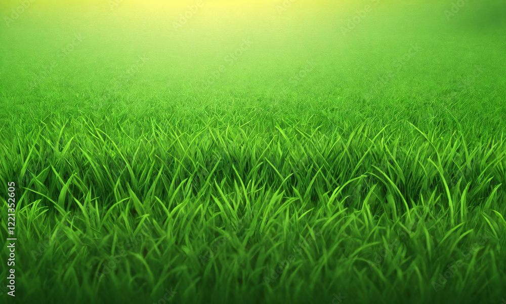 Obraz premium Lush green grass stretches under a bright sunlit sky at midday in a tranquil outdoor setting