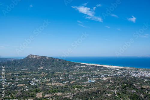 Elevated coastal view from Filerimos Monastery hill towards the airport