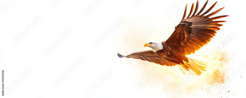 Fototapeta premium Majestic eagle soaring across dramatic sunset, showcasing its powerful wings