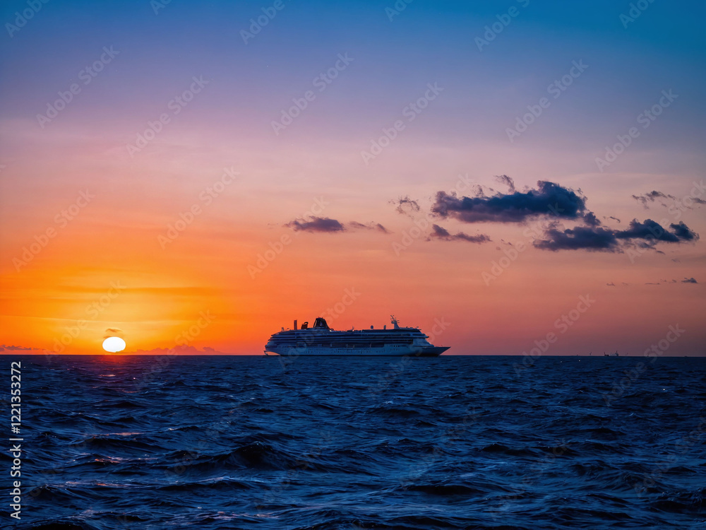 Cruise ship sails at sunset over tranquil ocean in vibrant colors and peaceful atmosphere Cruise ship sails at sunset over tranquil ocean in vibrant colors and peaceful atmosphere