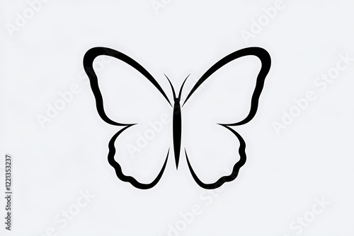 A minimalist black outline drawing of a butterfly. Symmetrical wings and body are depicted against a light gray background. Simple yet elegant.