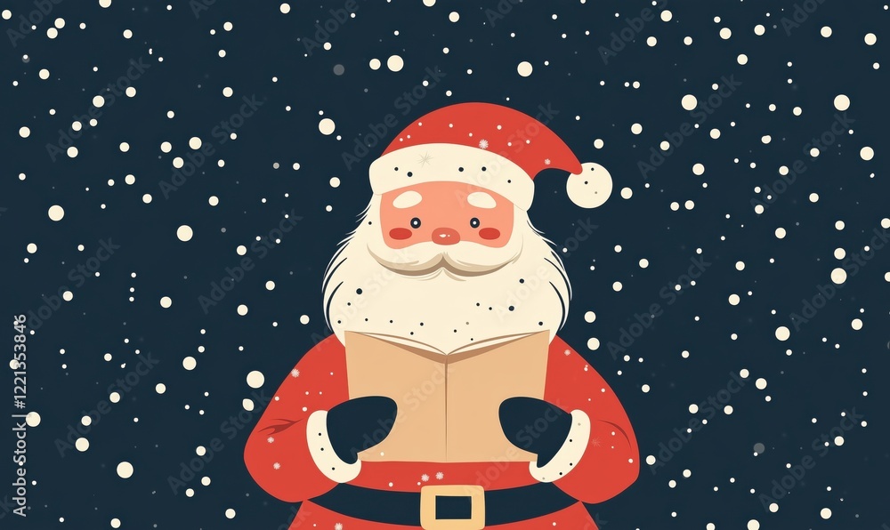 Santa Claus reading book in snowy winter scene, festive holiday spirit, cheerful character, traditional Christmas imagery Santa Claus reading book in snowy winter scene, festive holiday spirit, cheerful character, traditional Christmas imagery