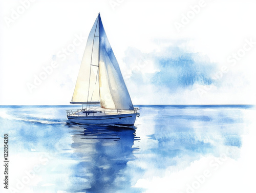 serene watercolor painting of sailboat gliding across calm waters, reflecting sky hues