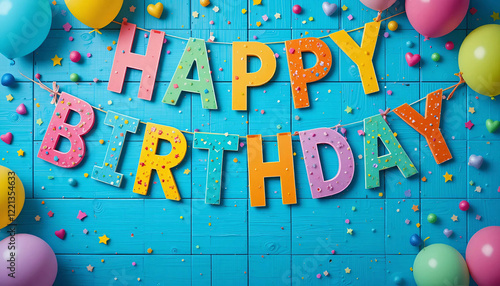 Festive birthday scene with a blue wooden background and a bright 