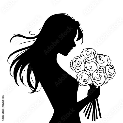 silhouette of a girl with a bouquet of flowers