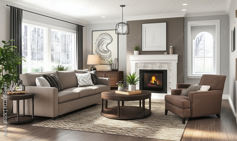 Cozy modern living room with fireplace, stylish furniture, and natural light Cozy modern living room with fireplace, stylish furniture, and natural light