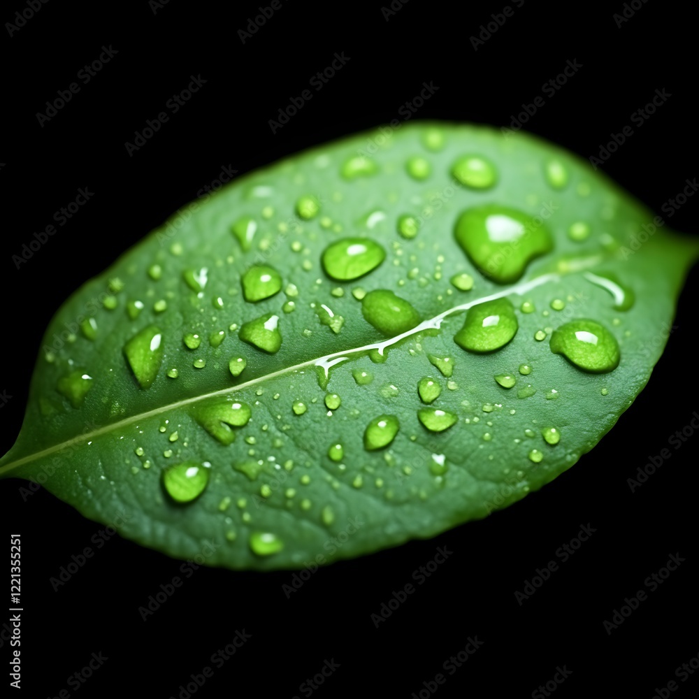 Dewdrops on green leaf, black background, nature, freshness, advertising Dewdrops on green leaf, black background, nature, freshness, advertising